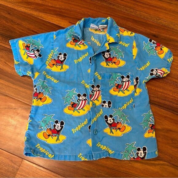 Disney Vintage Mickey&Co MickeyMouse Tropical Blue Short Sleeve Button Down Polo - Picture 1 of 6